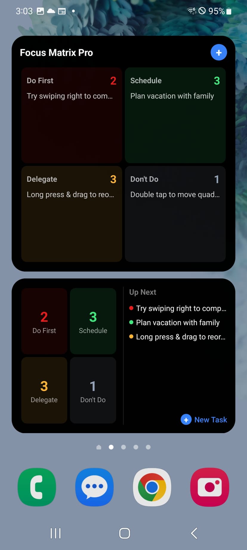 Android home screen with Glento large and medium dark mode widgets showing all four quadrants