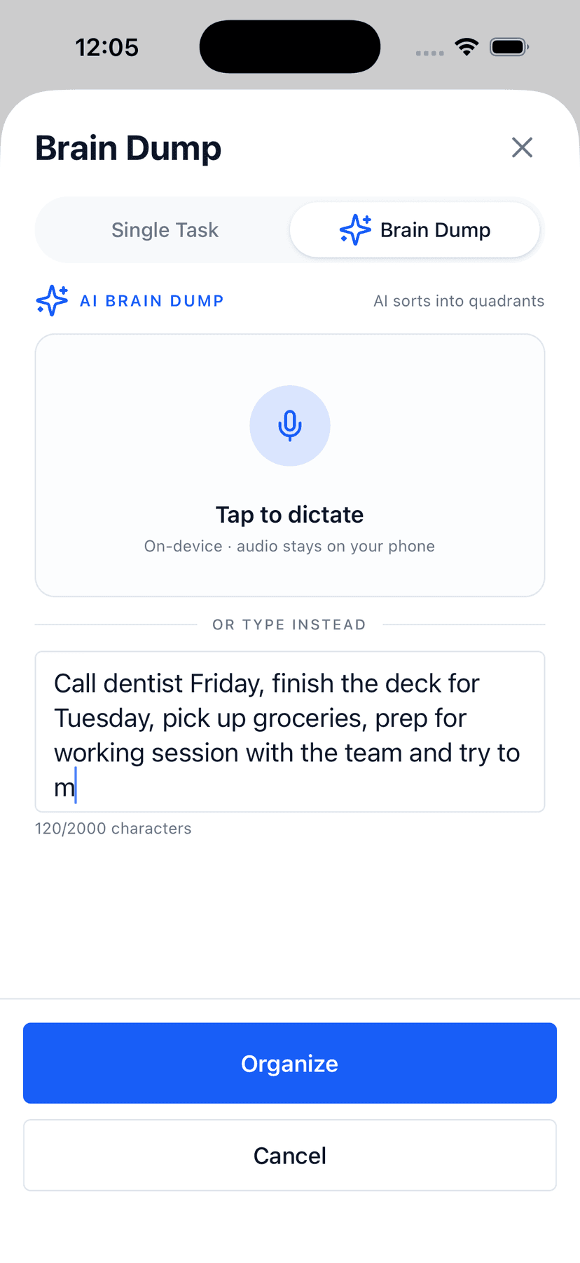 Glento brain dump screen with voice dictation option and a stream of dictated tasks in the textarea