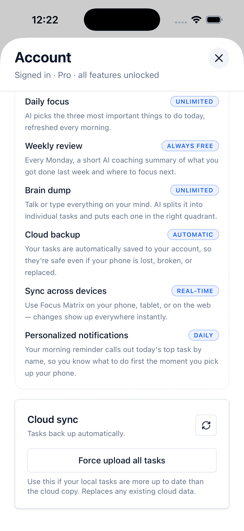 Glento cloud sync and backup settings screen showing multi-device sync controls and export options