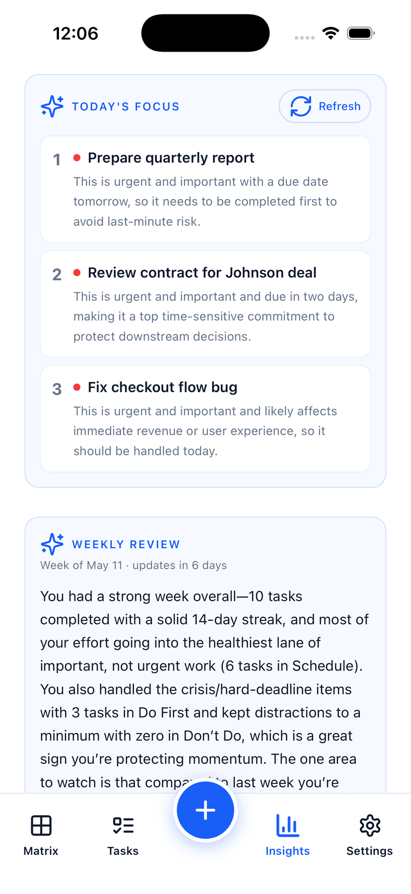 Glento Insights screen showing today's three AI-picked priorities with reasoning