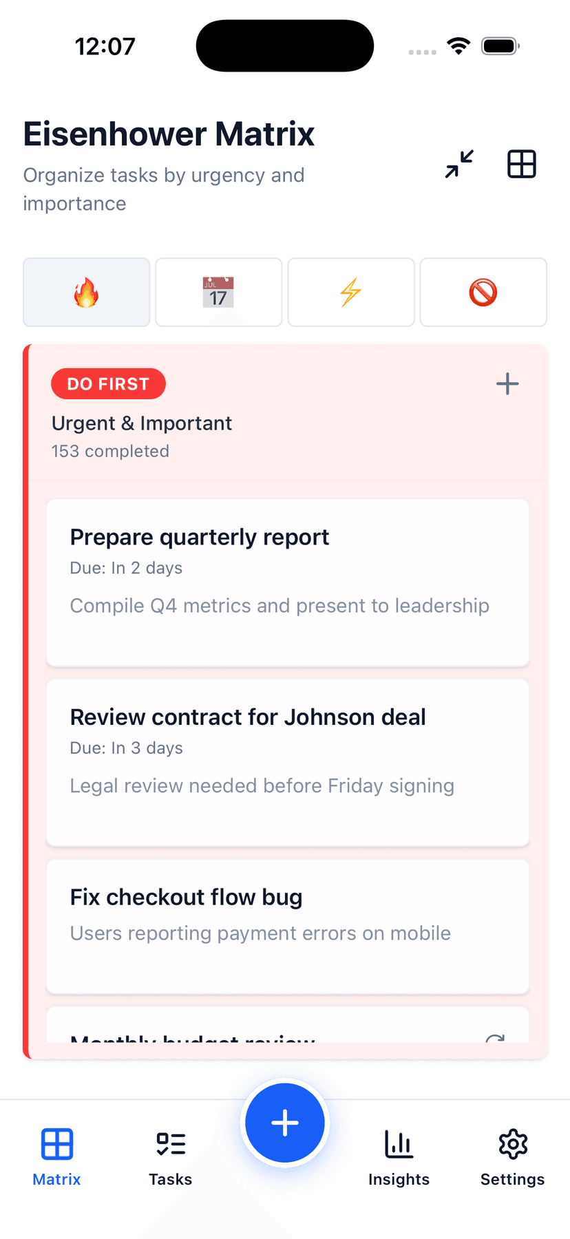 Glento single-quadrant focus mode showing Schedule tasks