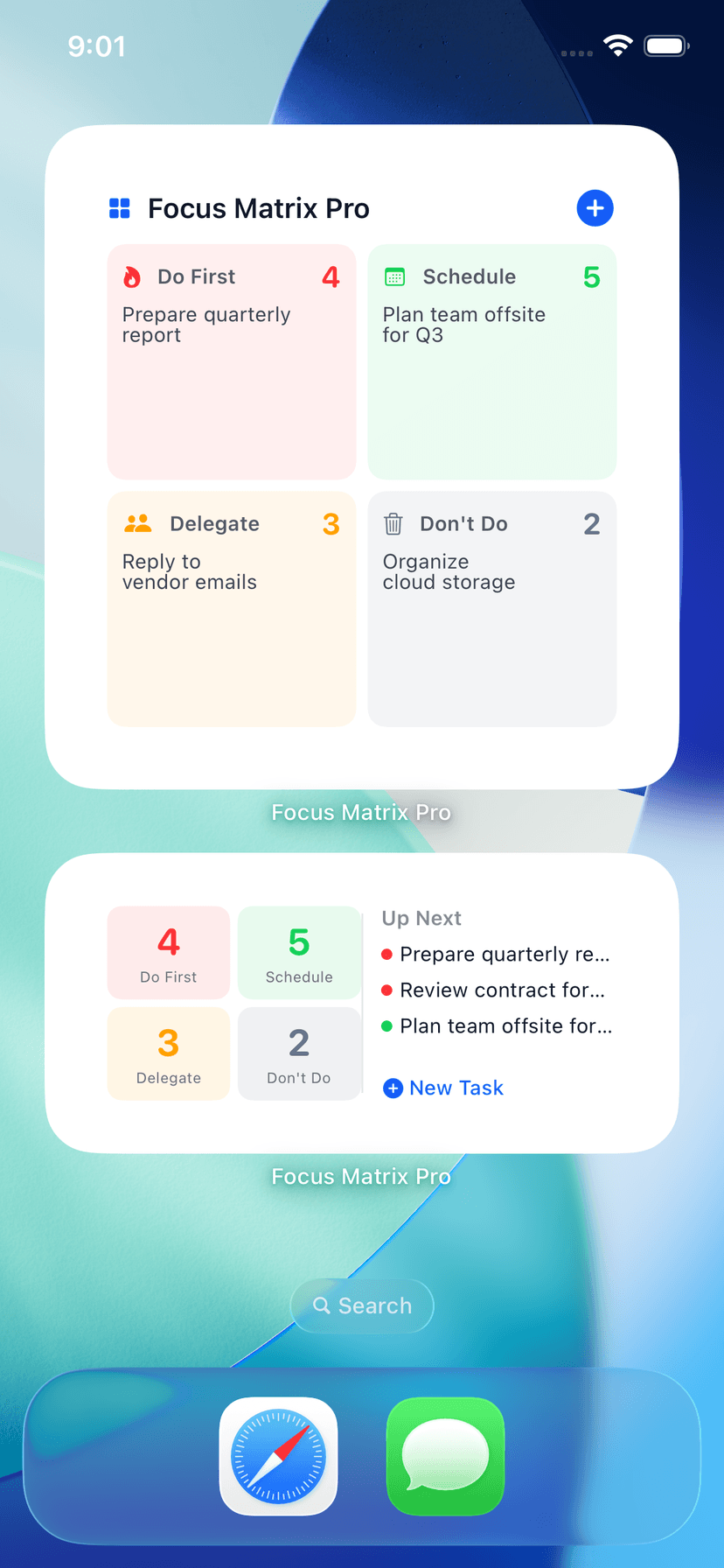 iOS home screen with Glento large and medium widgets showing quadrant counts and Up Next tasks