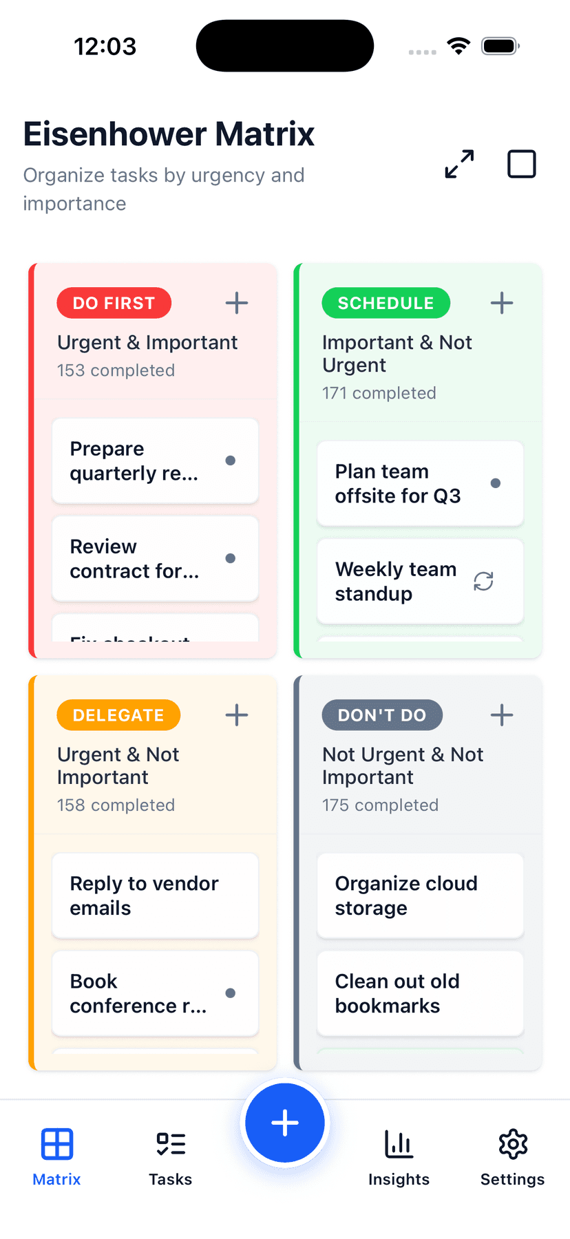 Glento compact 2x2 grid view showing tasks across all four quadrants