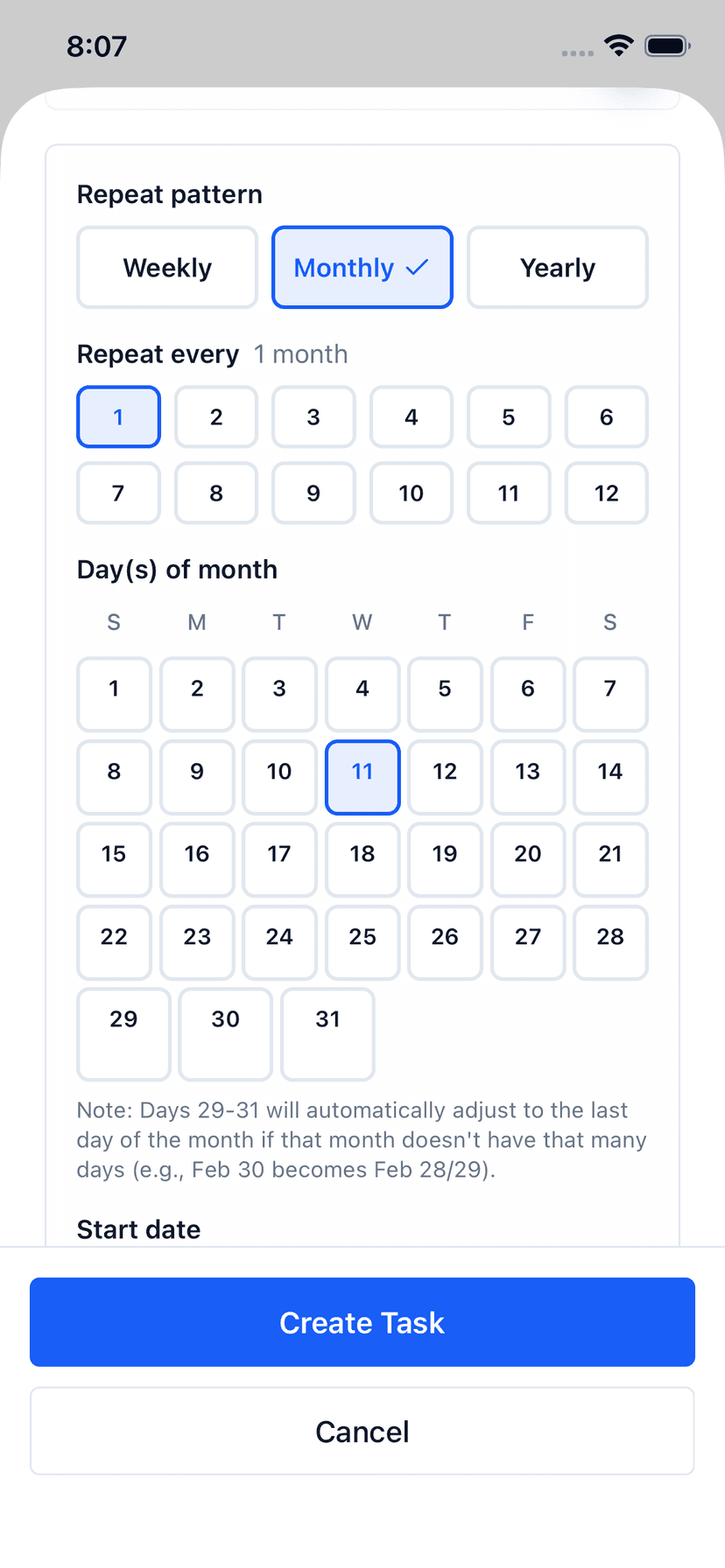 Glento monthly recurrence pattern with day-of-month calendar picker
