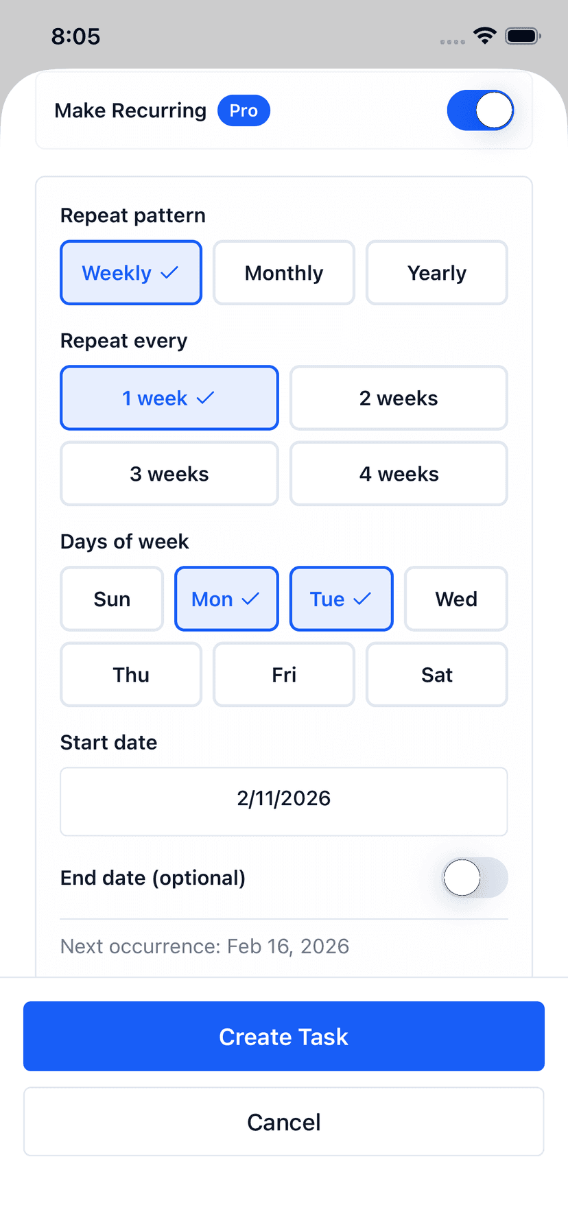 Glento recurring task setup with weekly pattern, day selection, and start date