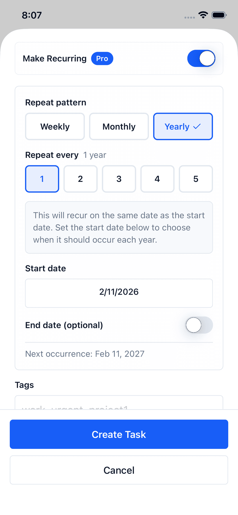 Glento yearly recurring task setup with repeat interval and date options