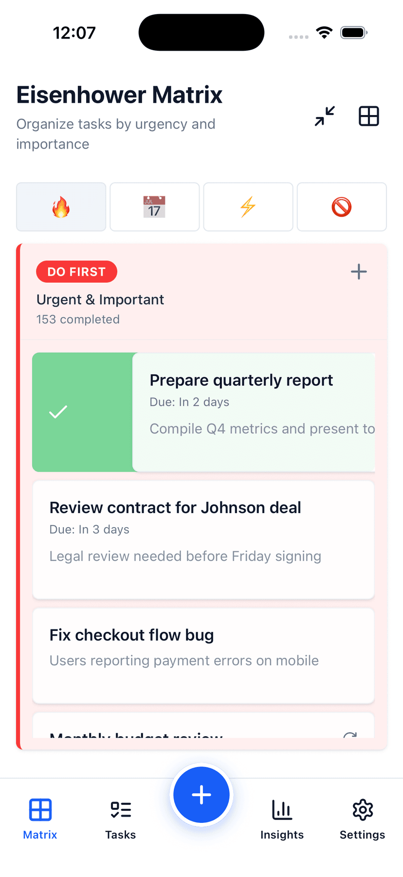 Glento swipe-to-complete gesture revealing green checkmark on a task