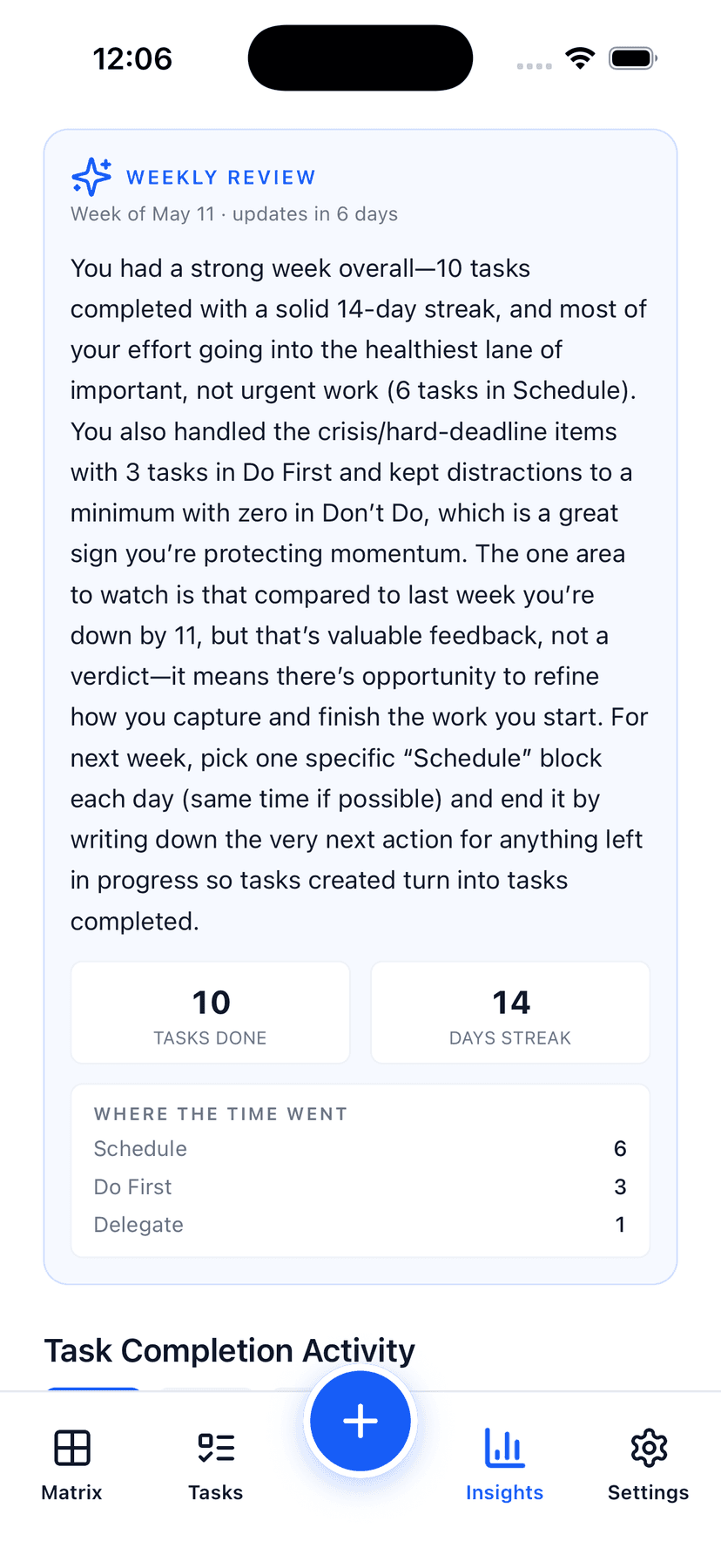 Glento Insights screen showing this week's AI coaching review paragraph and completion stats