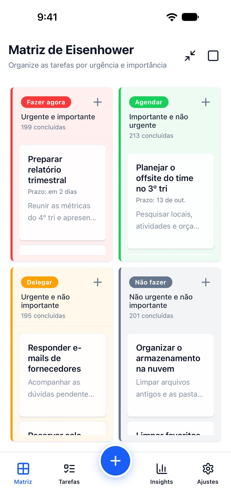 Glento's Eisenhower Matrix in Brazilian Portuguese, with the quadrants Fazer agora, Agendar, Delegar and Não fazer