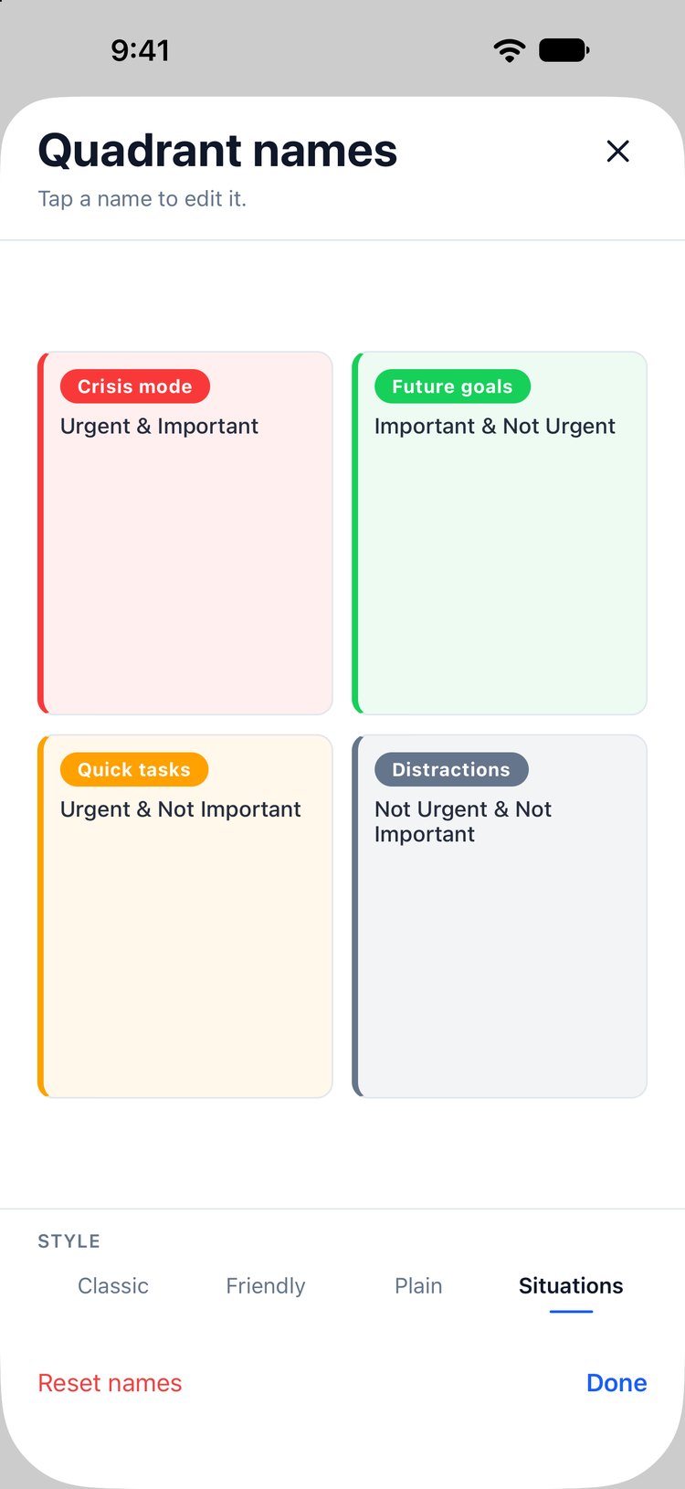 The Quadrant names screen in Glento with the Situations style selected: Crisis mode, Future goals, Quick tasks and Distractions, and the Classic, Friendly, Plain and Situations style picker at the bottom